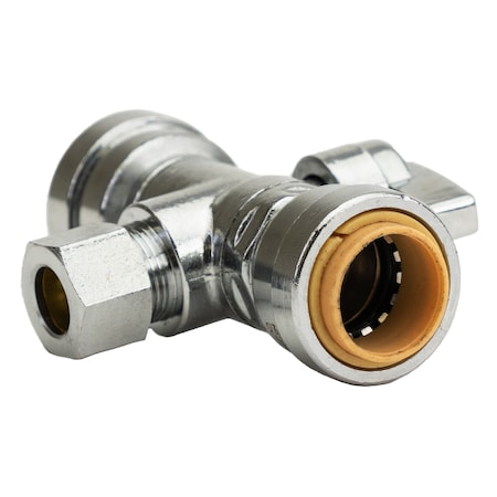 Quickfitting 1/2in Push-Fit x 1/2in Push-Fit x 3/8in OD Comp 3-Way Chrome Plated Brass Stop Valve Tee LF954TR